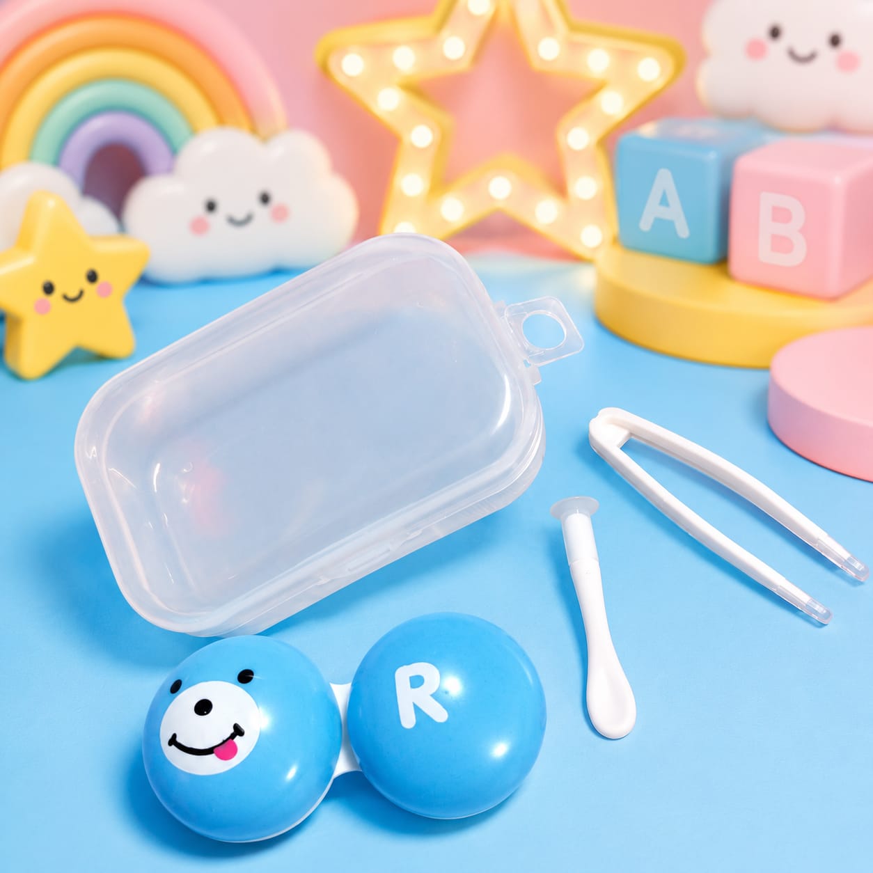 Estuche para Lentes de Contacto Kit Portátil con Pinza y Aplicador Diseño (Oso Azul)